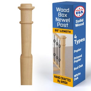 May include: A light-colored wooden newel post, 55 inches in length, with a box-style design. The product is hand-crafted by Amish artisans and is made of solid wood. The box lists four wood types: Poplar, Primed Poplar, Red Oak, and White Oak.