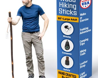 Handcrafted Hickory Walking Stick with Compass & Whistle – Rustic Hiking Staff
