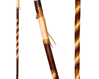 Handcrafted Twisted Hickory Walking Stick, Rustic Spiral Hiking Staff, Wooden Trekking Pole (Leather Strap)