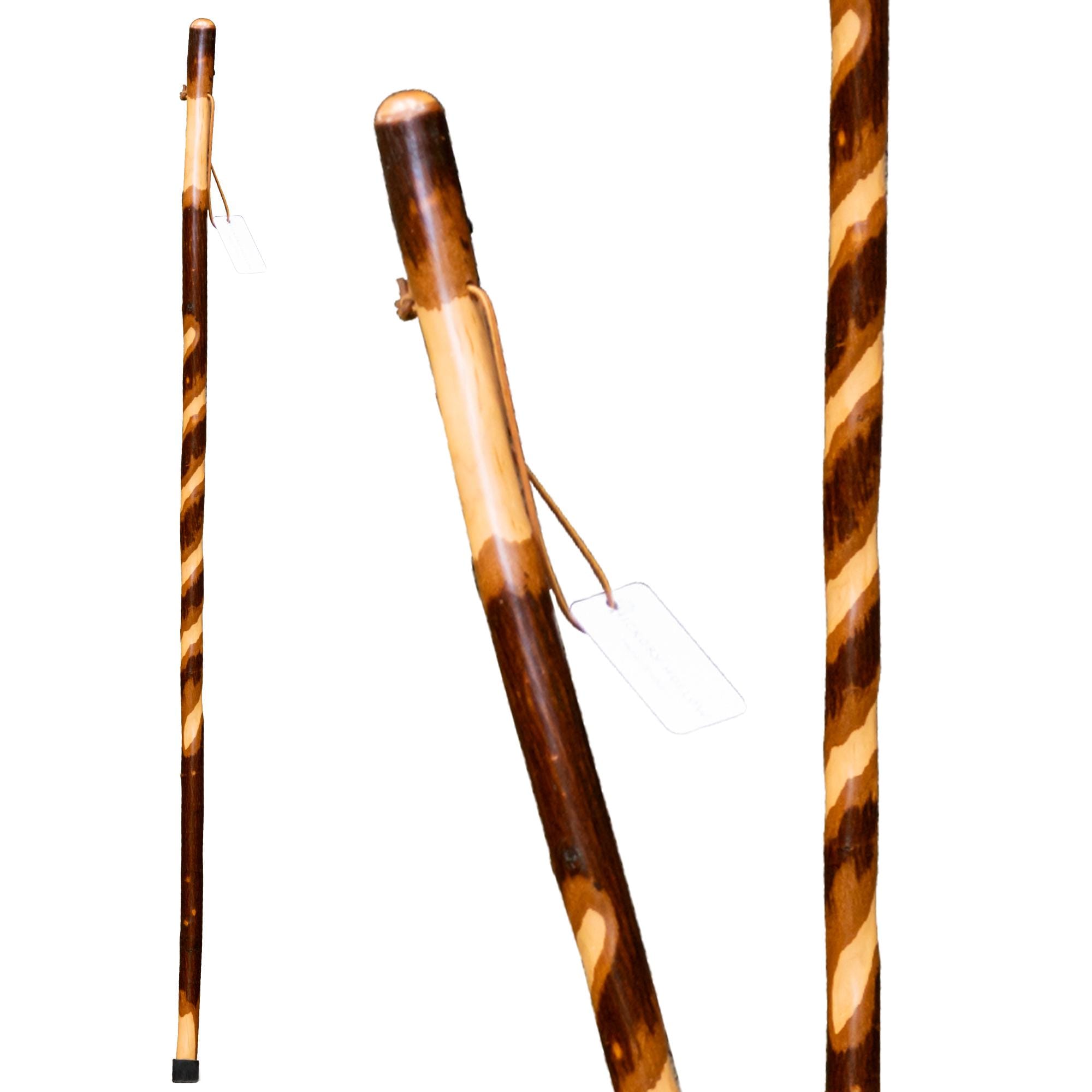 Handcrafted Twisted Hickory Walking Stick, Rustic Spiral Hiking Staff, Wooden Trekking Pole (Leather Strap)
