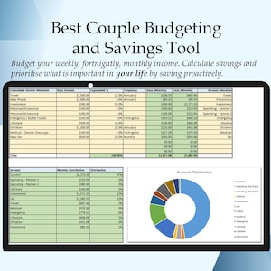 May include: A computer screen displaying a budgeting and savings tool for couples. The tool includes a spreadsheet with categories for income allocation, monthly contributions, and account distribution. A pie chart shows the percentage of income allocated to each category.