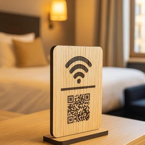 Può includere: Un cartello WiFi in legno con un codice QR, esposto su una superficie in legno chiaro. Il cartello presenta un simbolo WiFi intagliato e un codice QR scansionabile per l'accesso alla rete. Il cartello è rettangolare con una base scura.