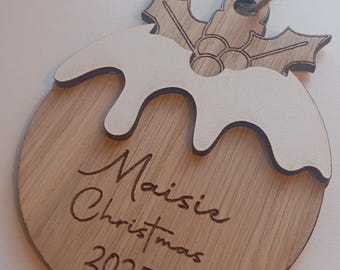 Personalised Christmas Pudding Bauble – Two-Layer Wooden Ornament