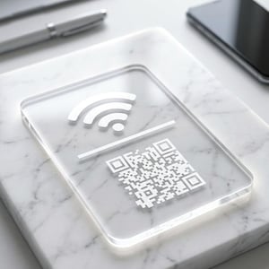 Pode incluir: Um bloco acrílico transparente com um símbolo Wi-Fi, uma linha e um código QR. Colocado sobre uma superfície de mármore branco, com uma caneta e um smartphone no fundo. Design moderno e minimalista, ideal para tecnologia.