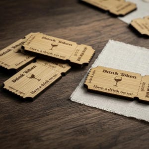 Personalised drinks token, ticket. wedding favour, save the date idea.