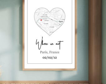 Personalized Where We Met Map Print: Heart Location Art, Custom Date