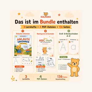 May include: An educational bundle featuring three learning booklets and four PDF files totaling 136 pages. The materials include sections for recognizing initial sounds, tracing, coloring, and learning uppercase and lowercase letters A-Z.