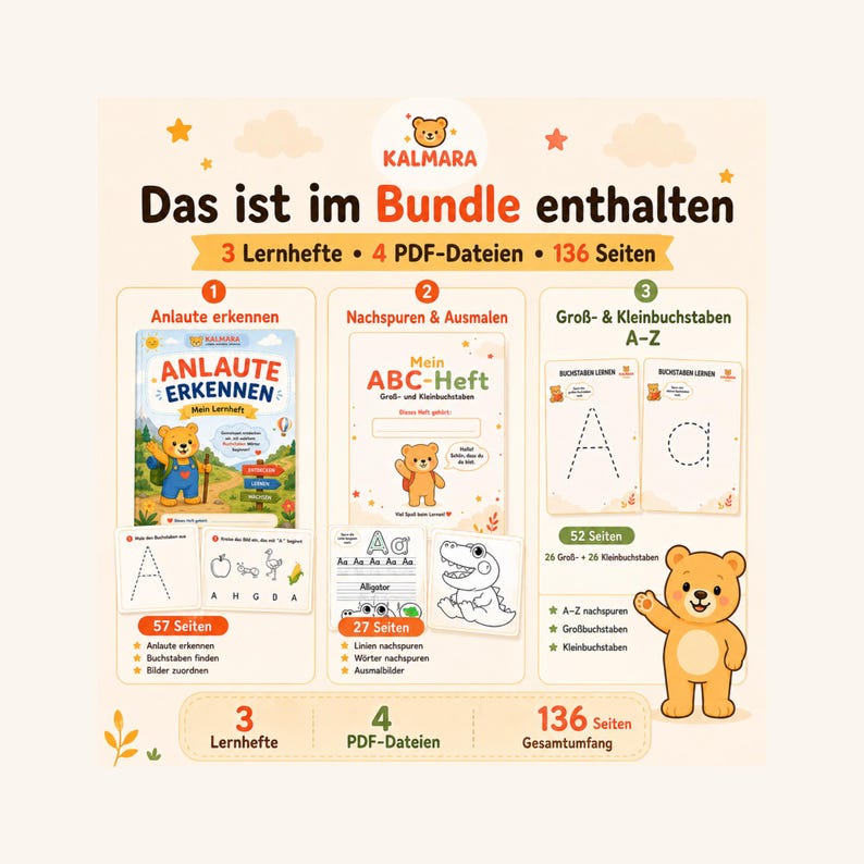 May include: An educational bundle featuring three learning booklets and four PDF files totaling 136 pages. The materials include sections for recognizing initial sounds, tracing, coloring, and learning uppercase and lowercase letters A-Z.