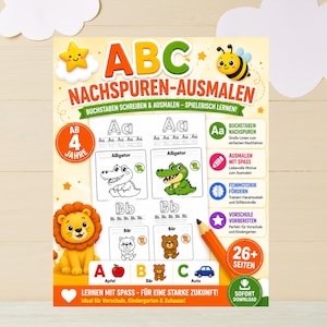 ABC学習ブックレット：文字の書き方と色塗りを学ぼう – 就学前児童向けワークシート26枚 – 4歳以上のお子様向けの細かい運動能力を養うエクササイズ – PDF A4