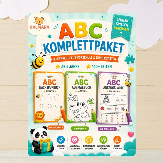 ABC Lernen Vorschule PDF | Anfangslaute, Nachspurbuch & Ausmalbuch | 141 Lernseiten | Kindergarten Arbeitsblätter | Buchstaben lernen