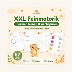 Könnte beinhalten: Ein digitales Lernheft mit dem Titel XXL Feinmotorik Formen lernen & nachspuren mit 67 Seiten im DIN A4 Format. Das Cover zeigt einen Cartoon-Bären und vier Arbeitsblätter mit verschiedenen Formen wie Kreisen, Quadraten, Herzen und Sternen.