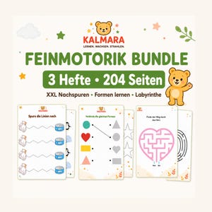 Könnte beinhalten: Ein Kalmara Feinmotorik-Bundle mit drei Übungsheften und insgesamt 204 Seiten. Das Cover zeigt einen Comic-Bären, den Text FEINMOTORIK BUNDLE, 3 Hefte 204 Seiten sowie XXL Nachspuren Formen lernen Labyrinthe. Enthält Aufgaben zum Nachspuren, Formen zuordnen und Labyrinthe.