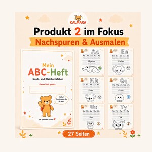 May include: A 27-page educational workbook titled Mein ABC-Heft featuring tracing and coloring activities for uppercase and lowercase letters. The cover displays a cartoon bear and the text Produkt 2 im Fokus Nachspuren & Ausmalen.