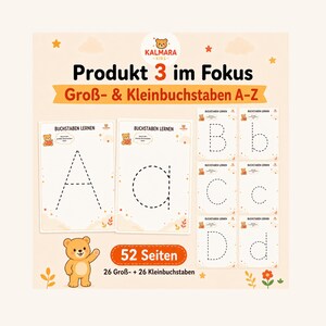 May include: Educational activity sheets for learning the alphabet, featuring 52 pages with uppercase and lowercase letters A-Z. The pages include dashed outlines for tracing, decorated with a cartoon bear, stars, and floral elements. Text includes "Produkt 3 im Fokus", "Gro&szlig;- & Kleinbuchstaben A-Z", "BUCHSTABEN LERNEN", and "52 Seiten".