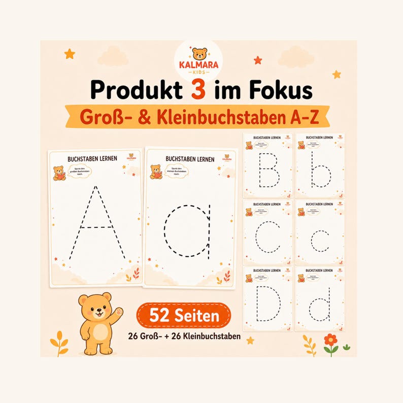 May include: Educational activity sheets for learning the alphabet, featuring 52 pages with uppercase and lowercase letters A-Z. The pages include dashed outlines for tracing, decorated with a cartoon bear, stars, and floral elements. Text includes "Produkt 3 im Fokus", "Gro&szlig;- & Kleinbuchstaben A-Z", "BUCHSTABEN LERNEN", and "52 Seiten".