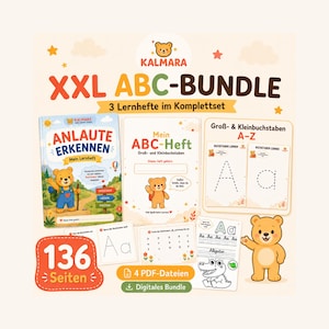May include: An XXL ABC-BUNDLE educational set featuring three workbooks with a bear mascot. The cover text includes ANLAUTE ERKENNEN, Mein ABC-Heft, and Gro&szlig;- & Kleinbuchstaben A-Z. Includes 136 pages and 4 digital PDF files for learning letters.