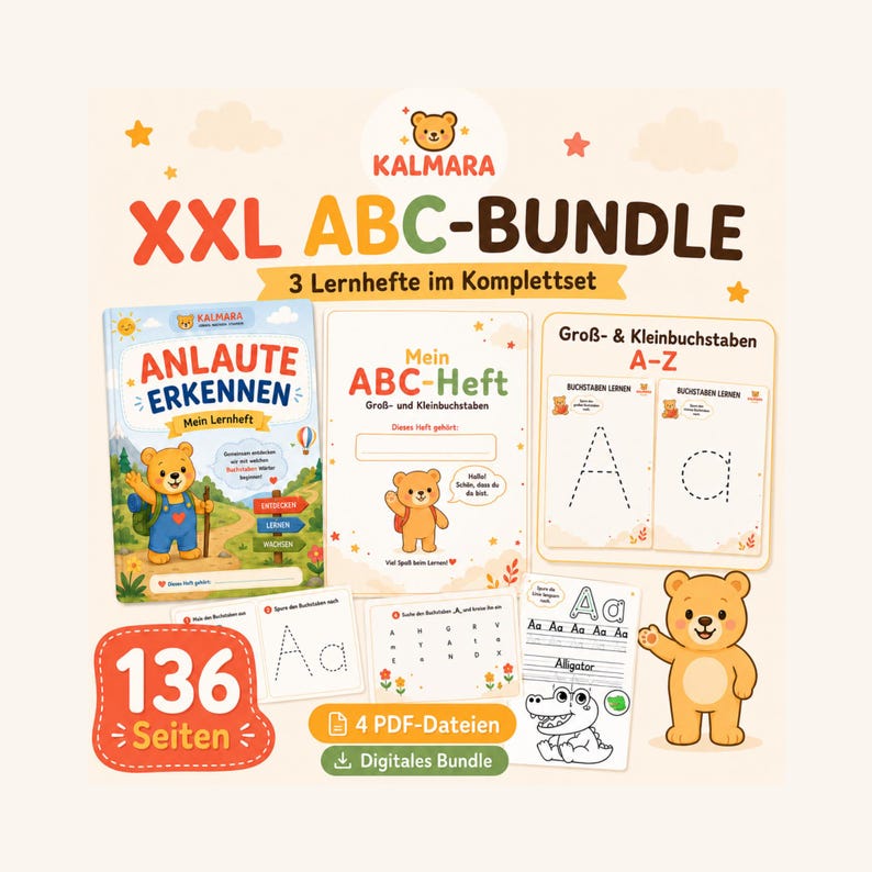 May include: An XXL ABC-BUNDLE educational set featuring three workbooks with a bear mascot. The cover text includes ANLAUTE ERKENNEN, Mein ABC-Heft, and Gro&szlig;- & Kleinbuchstaben A-Z. Includes 136 pages and 4 digital PDF files for learning letters.