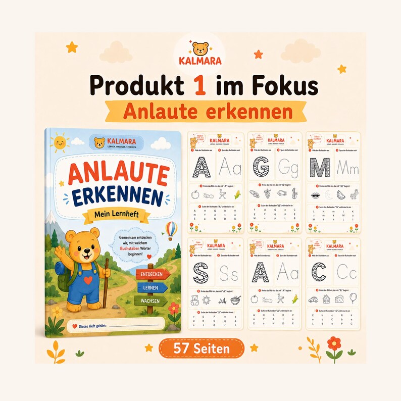 May include: A 57-page educational workbook titled Anlaute Erkennen Mein Lernheft featuring a cartoon bear on the cover. The book includes various activity sheets with letters, tracing exercises, and illustrations for identifying initial sounds.