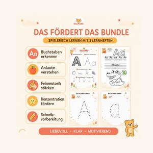May include: A set of three educational workbooks titled DAS F&Ouml;RDERT DAS BUNDLE, featuring a bear mascot and illustrations of letters, an apple, a star, and a pencil. The pages show tracing exercises for the letter A and a cartoon alligator illustration.