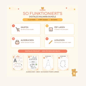 May include: A digital educational bundle infographic titled SO FUNKTIONIERT'S DIGITALES KALMARA BUNDLE. It outlines four steps: KAUFEN, PDF LADEN, AUSDRUCKEN, and LOSLEGEN, featuring icons of a cart, download, printer, and pencil. Includes four sample worksheets.