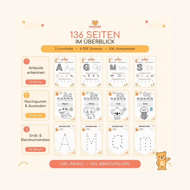 May include: A set of educational learning materials titled 136 SEITEN IM &Uuml;BERBLICK, featuring 3 workbooks and 4 PDF files. The pages include letter tracing, coloring activities, and alphabet exercises with illustrations of animals like elephants and koalas.