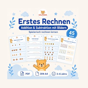 May include: A digital educational workbook titled Erstes Rechnen featuring addition and subtraction exercises with illustrations. The cover displays a cartoon bear, blue floral accents, and text indicating 45 pages, PDF format, DIN A4 size, and ages 3-6.