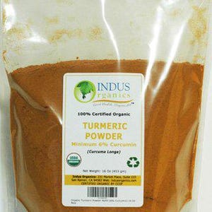 May include: A resealable plastic bag filled with 16 ounces of Indus Organics 100% Certified Organic Turmeric Powder. The label states that the powder contains a minimum of 6% curcumin (Curcuma Longa). The label also includes the USDA Organic seal and a recycling symbol.
