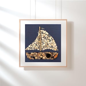 Sailboat Pebble Art | Nautical Wall Decor | Handmade Coastal Gift | Natural Sea Stones | Driftwood and Shell Picture