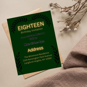 Carte d'invitation modifiable pour le 18e anniversaire, invitation numérique à une fête d'anniversaire pour homme, modèle d'invitation de fleur verte et or, téléchargement immédiat