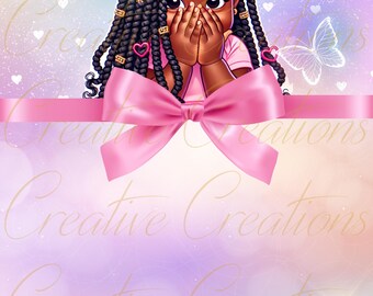 May include: A digital illustration of a young Black girl with long braids decorated with pink hearts. She is wearing a pink shirt and has her hands covering her face. The background is a soft pink and purple ombre with white hearts and butterflies.