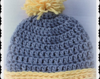 Lemonade on a Cloudy Day Baby Beanie, crochet baby hat, grey beanie with a yellow pompom