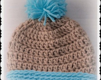 Sand and Surf Baby Beanie, crochet baby hat, Sandy Beige beanie with a aqua pompom