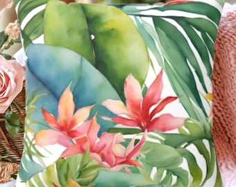 Tropical Throw Pillow • Green Leaf & Exotic Flower Cushion • Summer Beach House Decor • Double-Sided Print