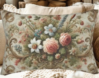 May include: A decorative throw pillow with a floral design featuring a bouquet of pink, white, and blue flowers with green leaves and intricate gold scrollwork on a cream background.