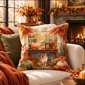 Könnte beinhalten: Ein quadratisches Zierkissen mit einem herbstlichen Druckmotiv, das eine rot getigerte Katze auf einem Holzboden zwischen Kürbissen zeigt. Das Bild umfasst einen Fensterausblick mit Herbstlaub, einen Kaminsims mit Kerzen sowie diverse orangefarbene Kürbisse.