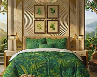 Juego de funda nórdica con estampado botánico verde, 100% algodón, de primera calidad y muy acogedor, certificado OEKO-TEX.