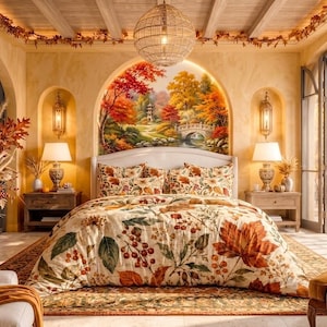 May include: A bedroom featuring a bed with a cream-colored duvet cover printed with autumn leaves and red berries. The headboard is positioned against a wall mural of a landscape with trees and a bridge, flanked by two wooden nightstands with lamps.