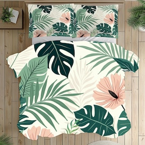 Tropical Duvet Cover, Palm Leaf Bedding Set, Monstera Comforter, Jungle Print, Botanical Bedroom Decor, Green Leaf Quilt Cover