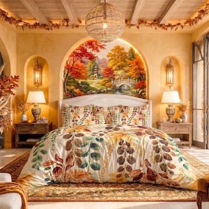 May include: A bedroom featuring a bed with a white duvet cover decorated with a pattern of autumn leaves in shades of brown, orange, and green. The bed is positioned against a wall with a large arched mural depicting a landscape with trees.
