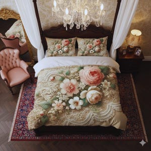 Ensemble de housse de couette shabby chic, literie florale romantique, couette vintage en dentelle pour reine et roi.