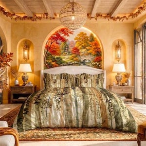 Puede incluir: Un dormitorio con una cama que tiene una funda nórdica estampada y almohadas a juego, con un diseño de bosque que muestra troncos de árboles verticales en tonos verdes, marrones y blancos, frente a una pared con un mural arqueado de paisaje.
