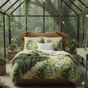 Watercolor Leaf Print Cotton Bedding Set, OEKO-TEX Certified