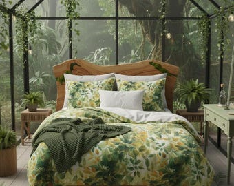 Juego de cama de algodón con estampado de hojas de acuarela, certificado OEKO-TEX