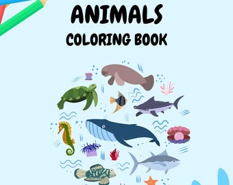May include: A coloring book cover with the title "Ocean Animals Coloring Book" in black text. The cover features a variety of colorful ocean animals, including a sea turtle, a whale, a seahorse, a starfish, and a manatee.