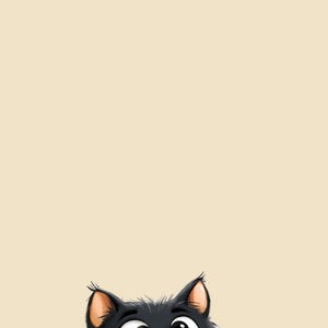 May include: A cartoon illustration of a black cat with large eyes and a pink nose. The cat is round and fluffy, with small ears and whiskers. The background is a solid beige color. The text "&copy;Flamax Designs" is at the bottom.
