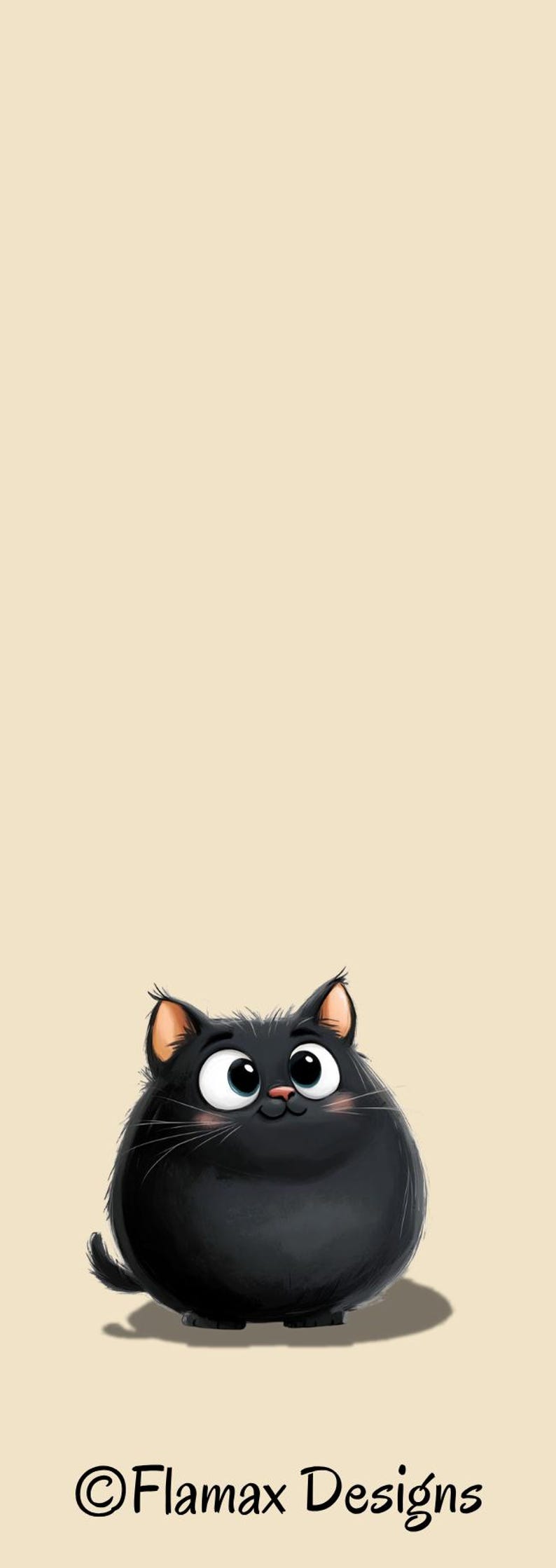 May include: A cartoon illustration of a black cat with large eyes and a pink nose. The cat is round and fluffy, with small ears and whiskers. The background is a solid beige color. The text "&copy;Flamax Designs" is at the bottom.