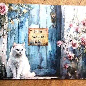 Here I am on guard!, aluminum sign, metal sign, white cat, cat, sign, decoration, sign, cottagecore, vintage. Retro, gift, shabby chic