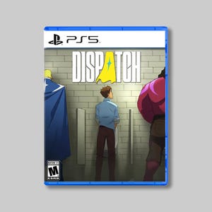 Könnte beinhalten: PS5-Spielhülle mit dem Titel "DISPATCH". Das Cover zeigt eine Cartoon-Szene in einer öffentlichen Toilette mit drei Figuren. Die ESRB-Bewertung ist sichtbar. Die Hülle ist blau.