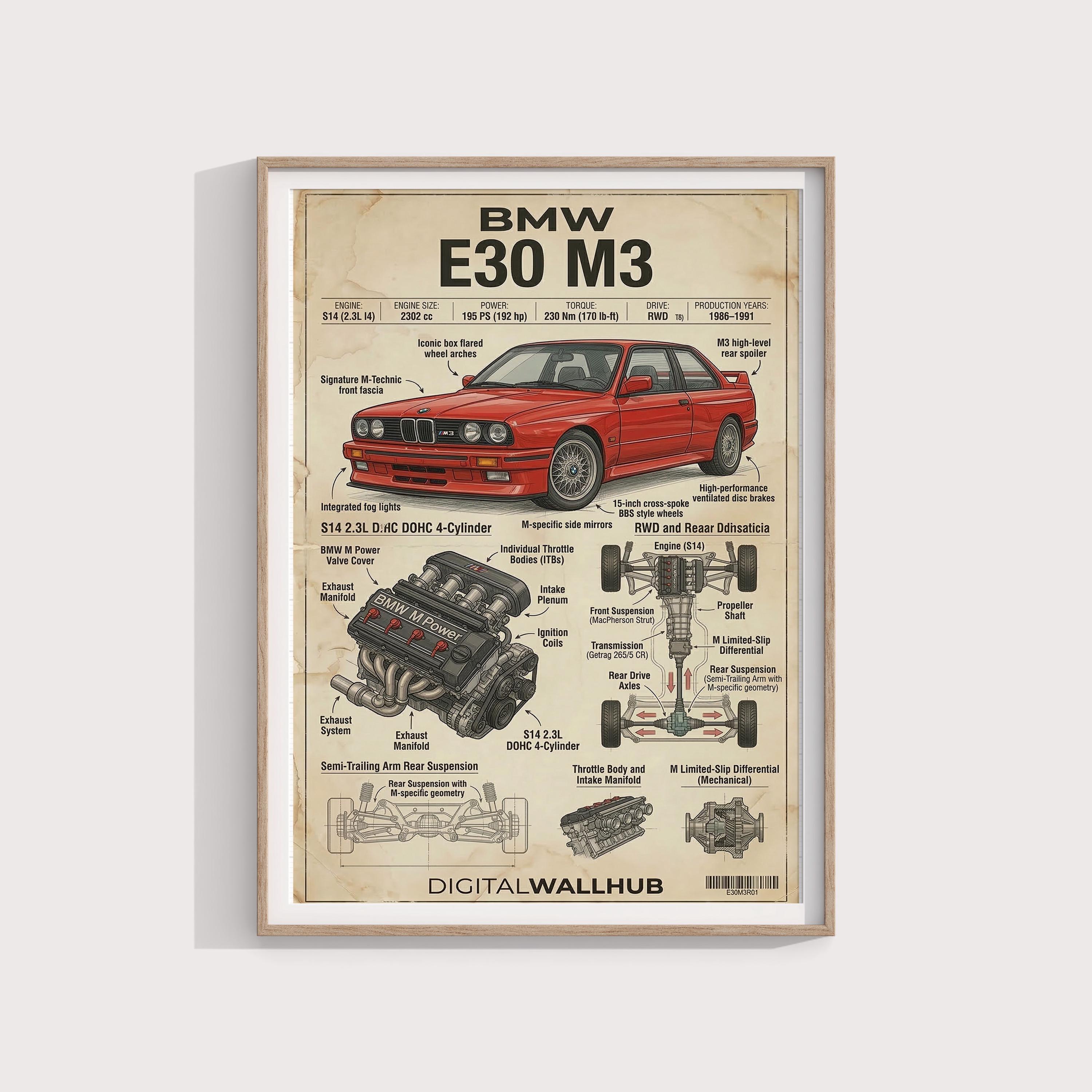 BMW E30 M3 Blueprint Poster, German Sports Car Technical Art (digital ...