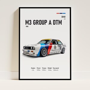 May include: Framed poster of a white BMW M3 Group A DTM race car from 1990, with blue, red, and yellow details and the number 10. The poster includes engine specs: 2.5L, 330hp, 290Nm, 940kg, and 282km/h top speed.
